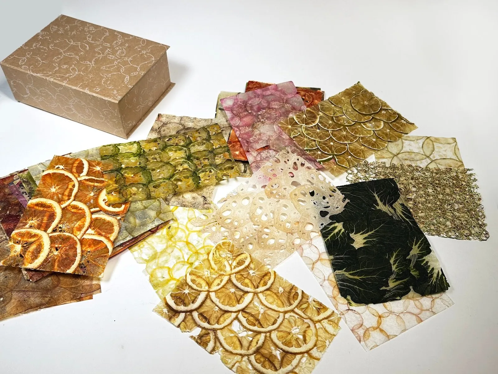 A collection of translucent, textured sheets made from dried fruits and plants arranged around a patterned cardboard box on a white surface.