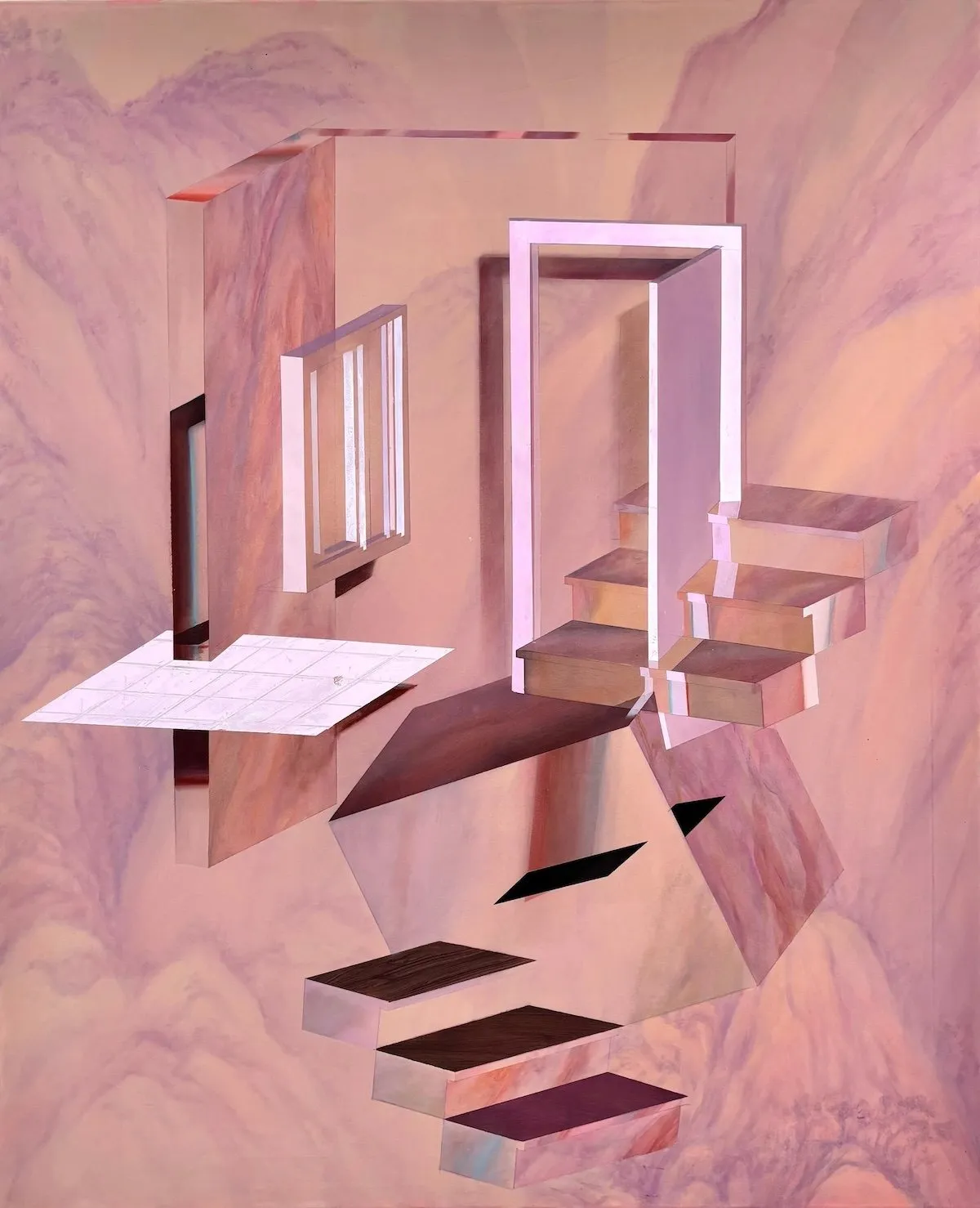 An abstract architectural painting featuring floating staircases, open doorframes, and geometric platforms against a marbled pink background.