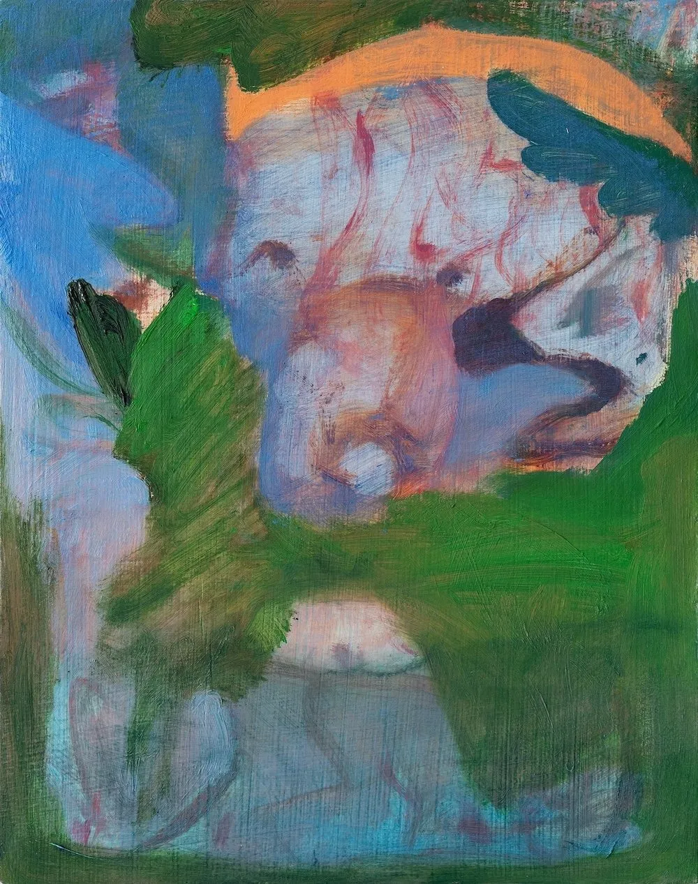 An abstract painting with loose, layered brushstrokes in green, blue, and peach forming a soft, organic composition.