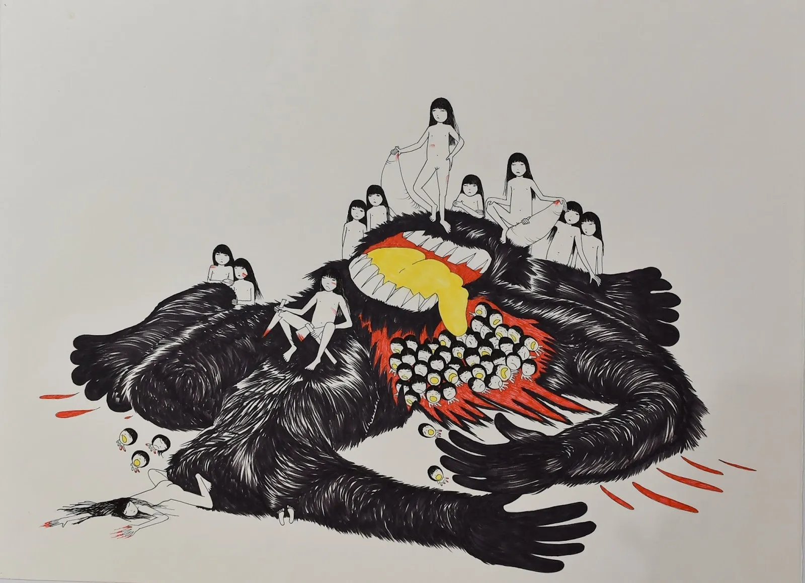 Surreal image of a black beast with exposed chest, surrounded by identical nude girls with long black hair.