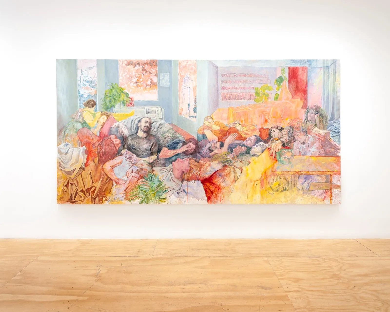 Large, colorful painting depicting a dreamy interior scene with multiple intertwined, reclining figures in a domestic setting surrounded by plants, books, and soft furniture.