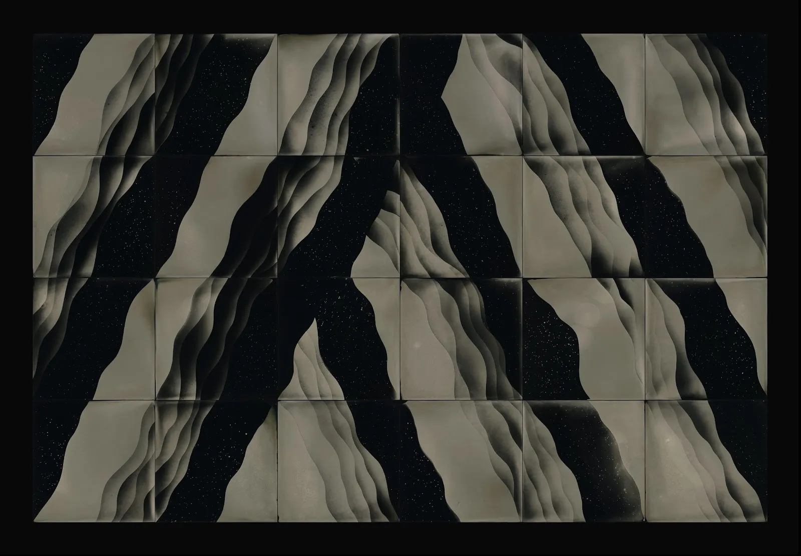 A black and white gridded collage features wavy beams crossing diagonally over each other, contrasted by stripes of shadow. They make a vaguely A-shaped form.