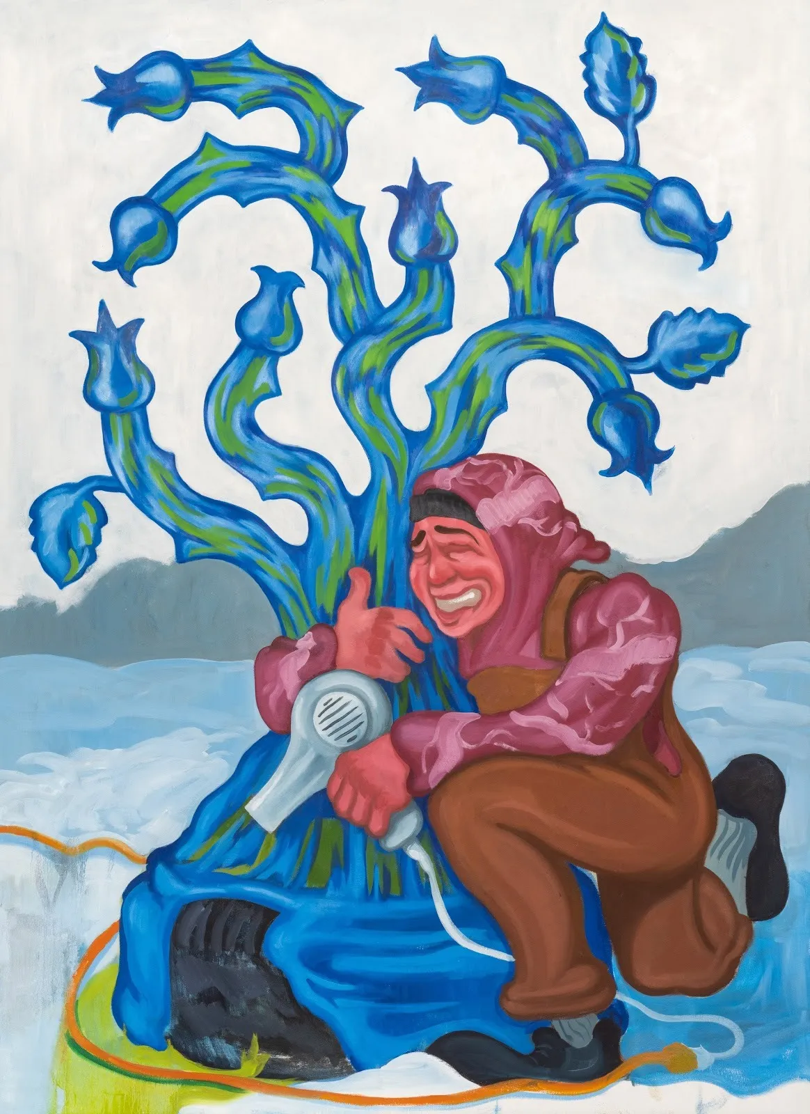 Painting: A person in winter clothing uses a hair dryer to thaw a large, surreal blue plant with bulbous tips growing from the snow. The person has a half-grimace, half-smile.