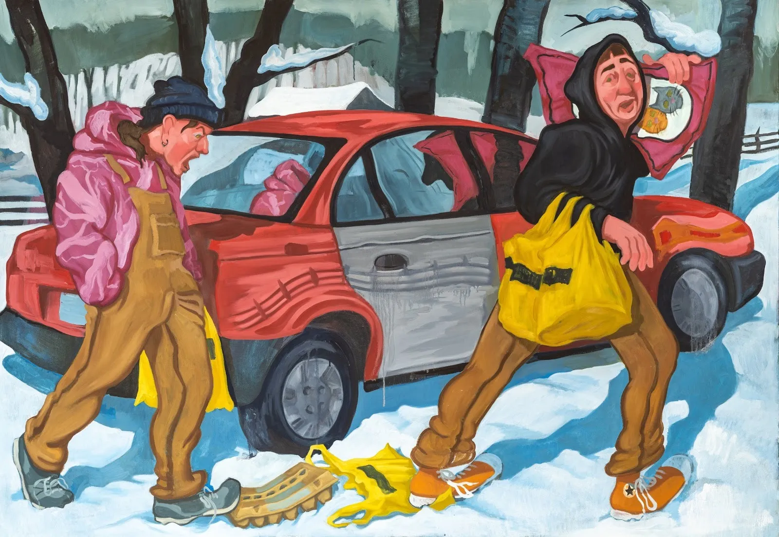 Painting: Two people in winter clothing unload items from a red car in a snowy landscape.
