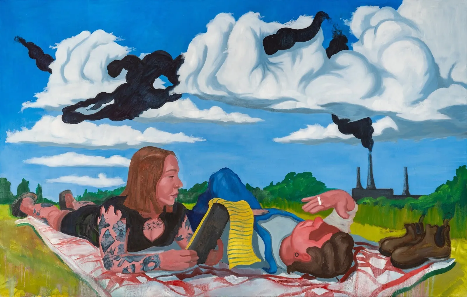 Painting: A tattooed woman and a another person relax on a picnic blanket in a green field under cloudy skies; dark smoke shaped like figures rises from factory smokestacks in the background.