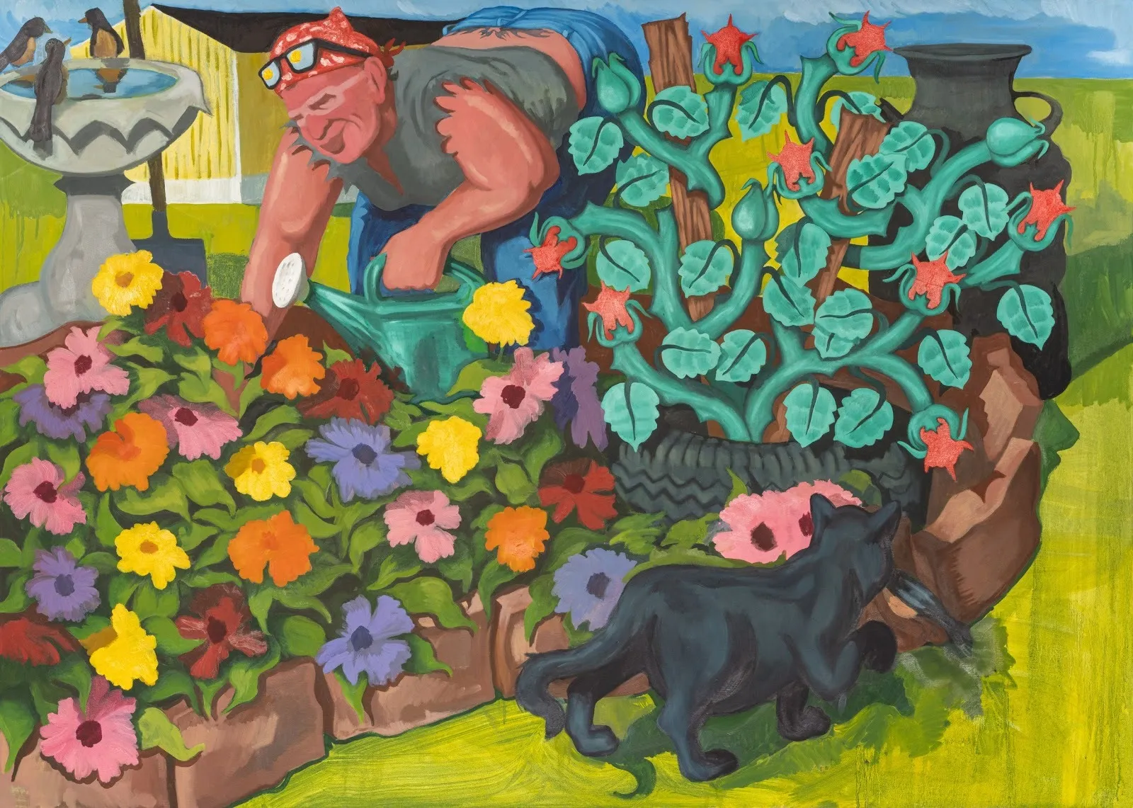 Painting: A person with a red bandana waters a vibrant flower garden while a black dog walks nearby.