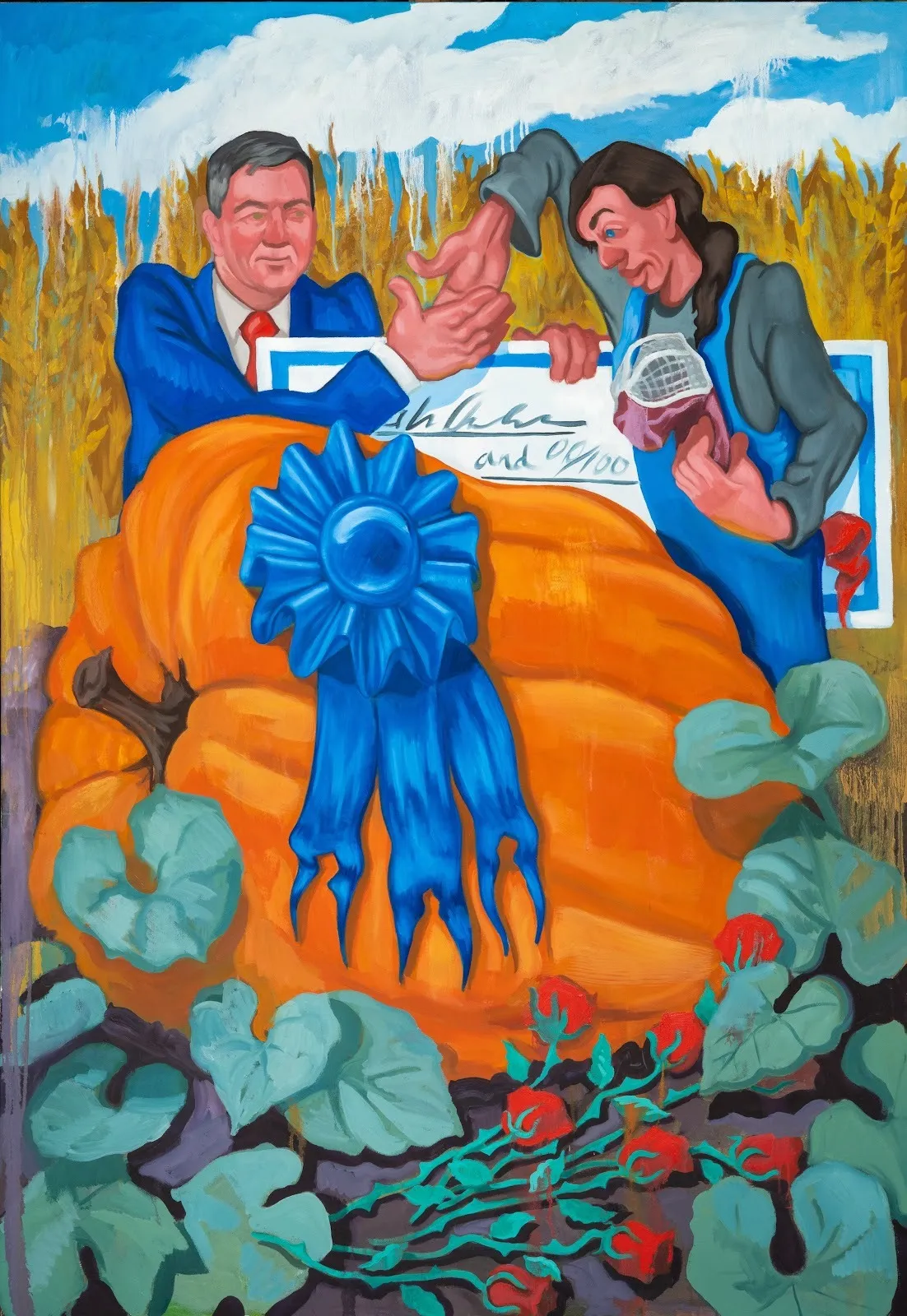 Painting: A man in a blue suit shakes hands with a person in overalls beside a giant orange pumpkin with a blue ribbon; a large check is held behind them in a cornfield setting.