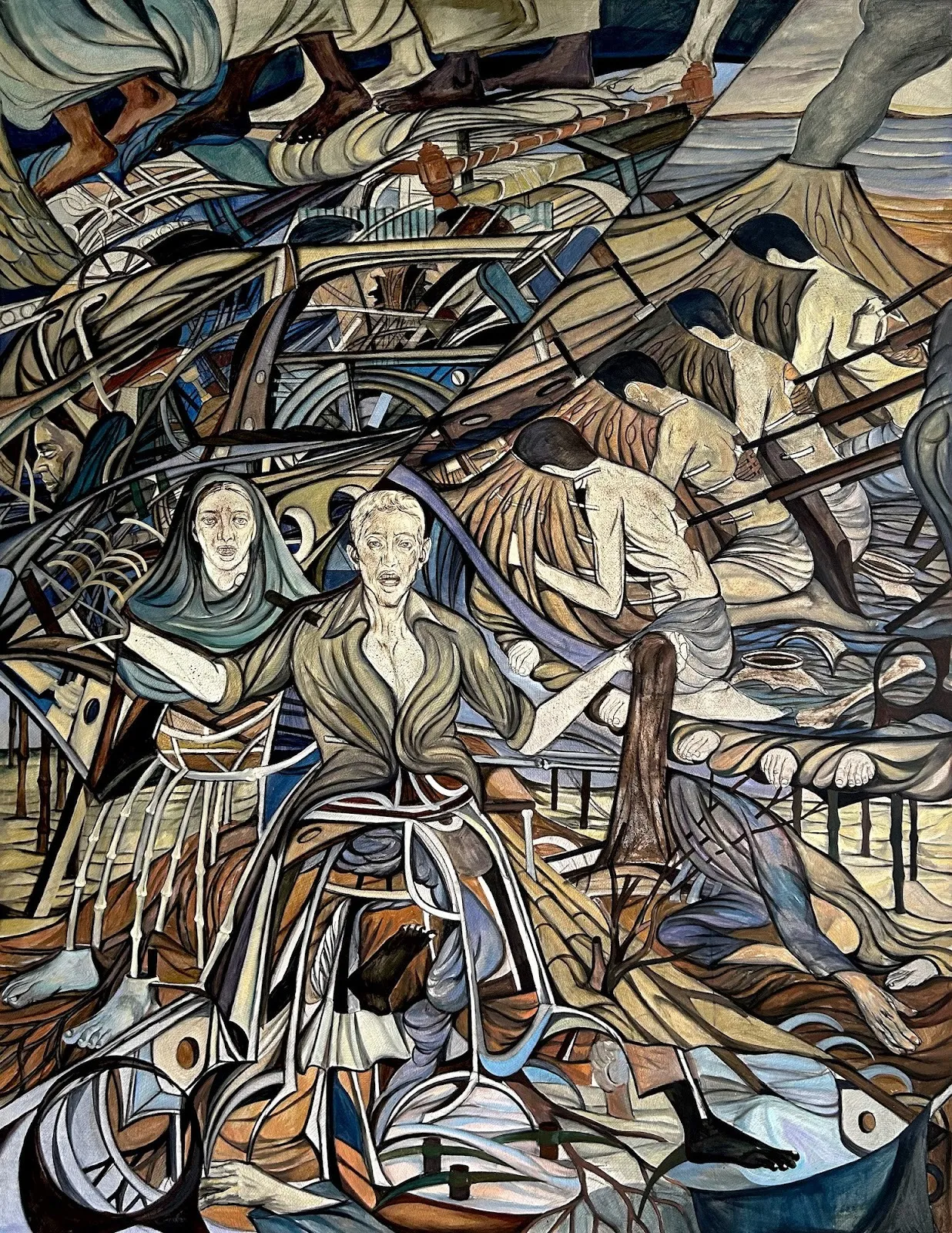 A densely layered figurative painting with intertwined bodies, machinery, and abstract lines, featuring two central figures seated in front of a chaotic, dynamic background.