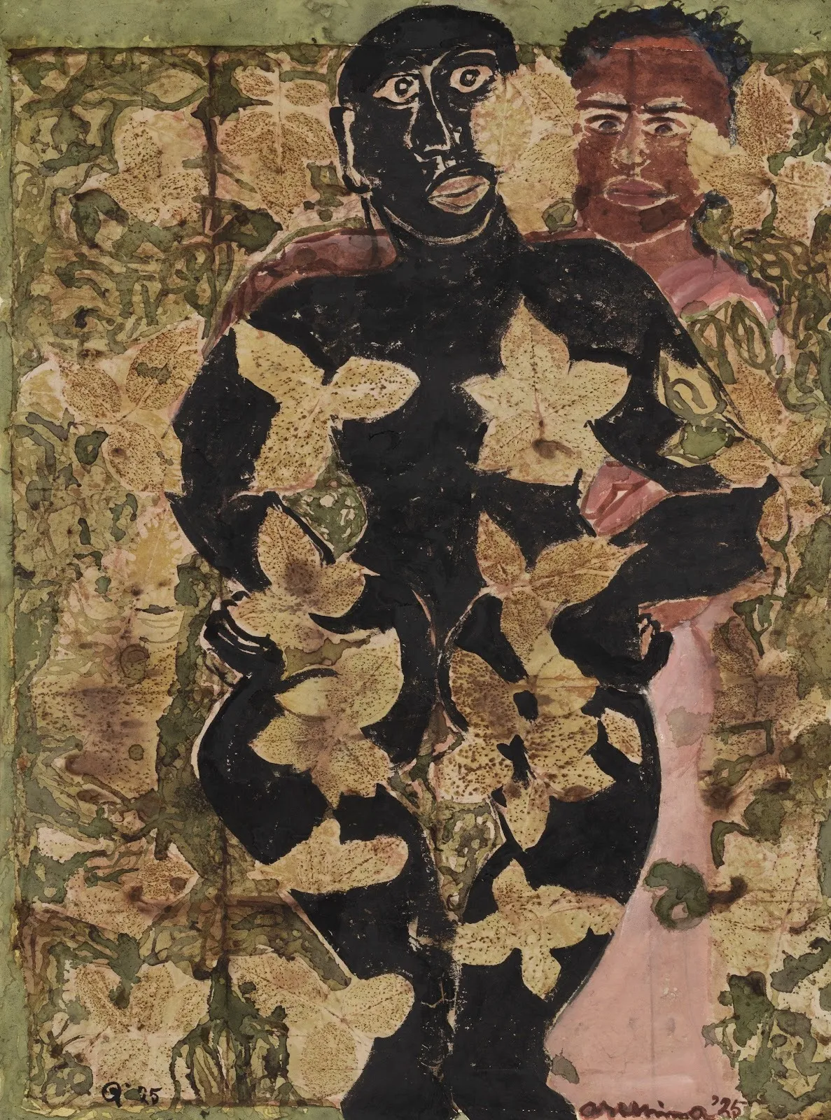 A painting of two figures surrounded by textured, leaf-like forms, with one dark, silhouetted body in the foreground and another figure behind it.