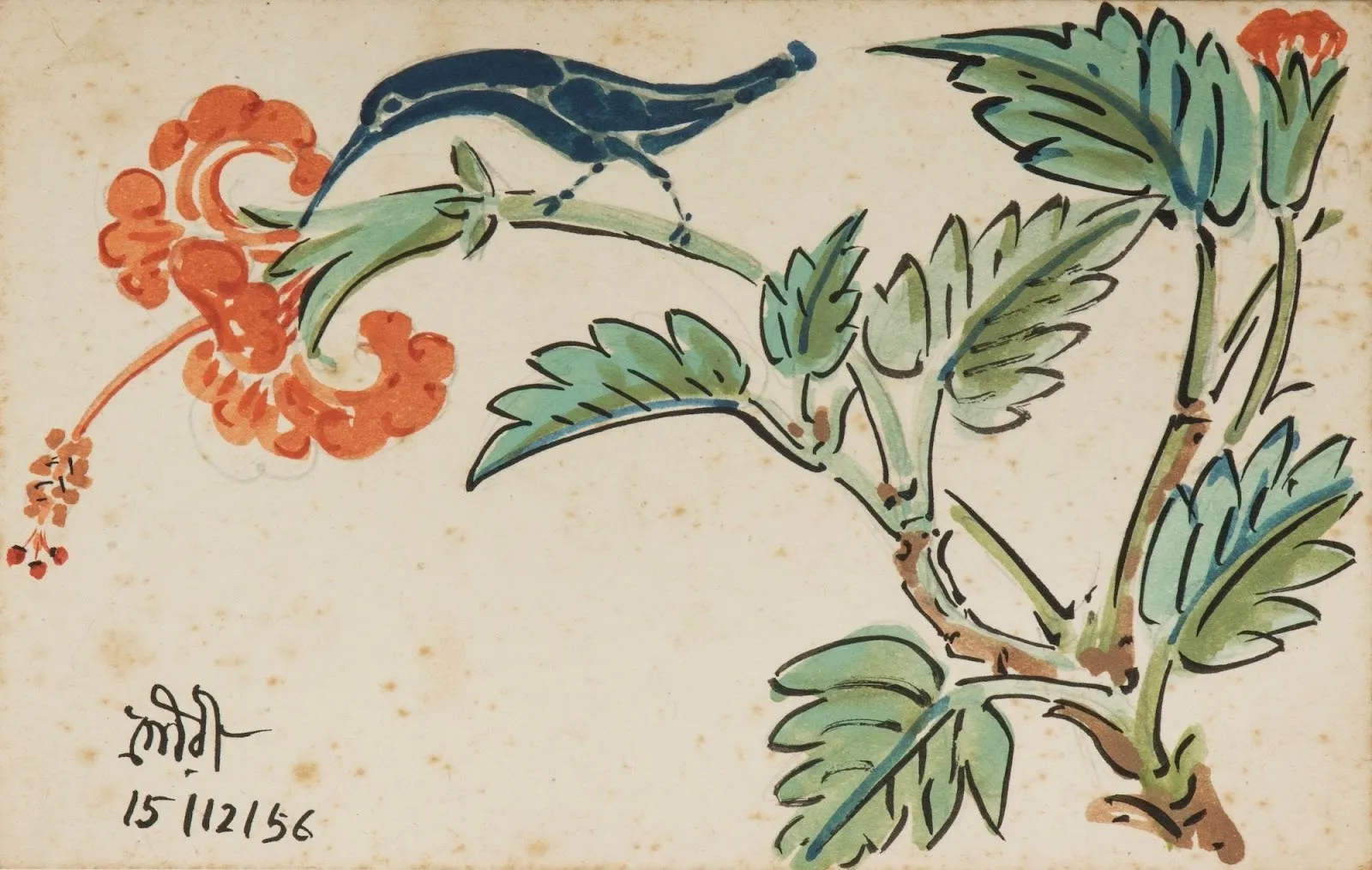 A small watercolor of a blue bird perched on a branch, leaning toward a vivid red flower, signed and dated in the bottom left corner.