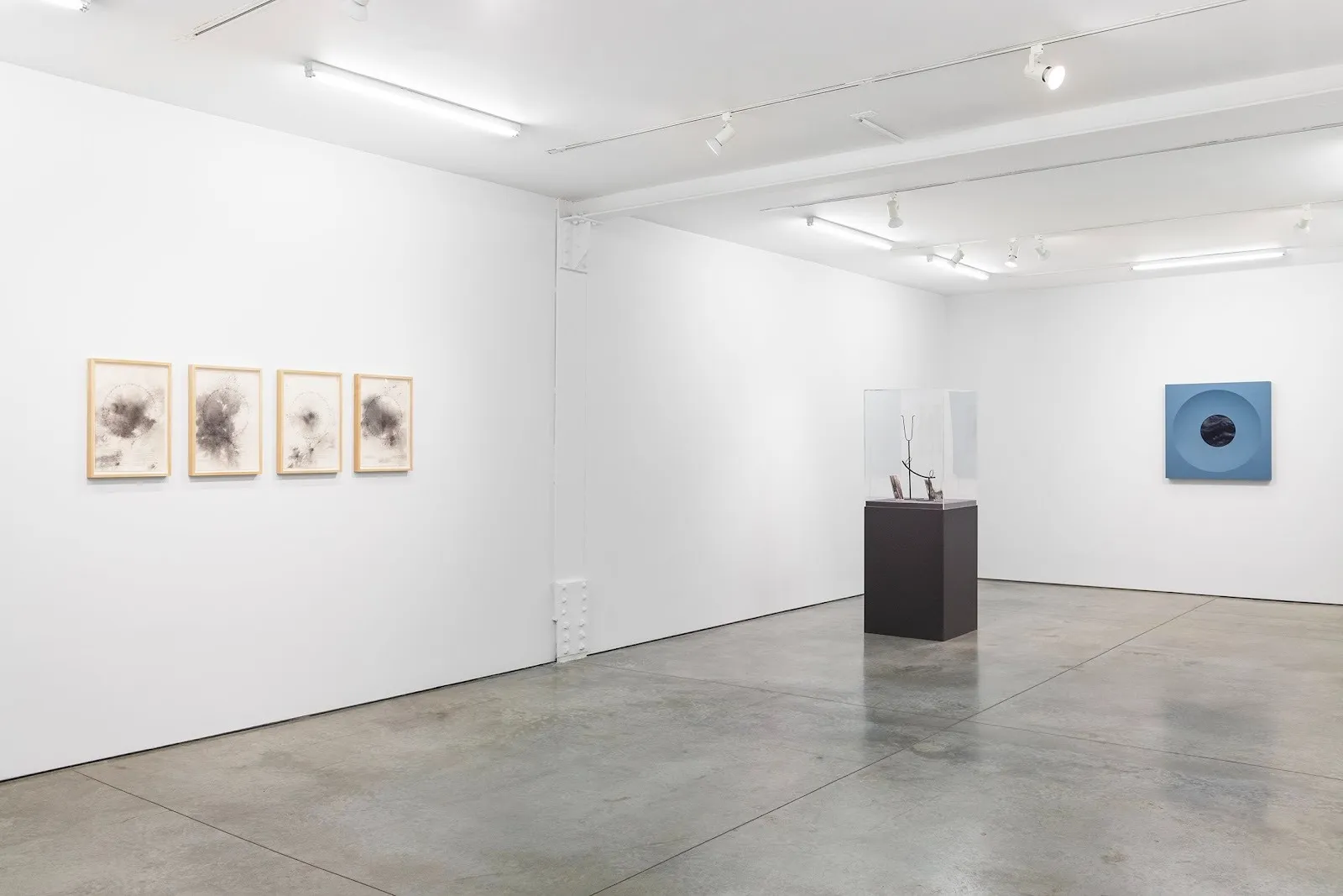 Another view of the gallery with framed charcoal drawings on the left. A glass display case with sculptures sits in the center, and a blue abstract painting adorns the right wall. The gallery has a clean, minimalistic aesthetic.