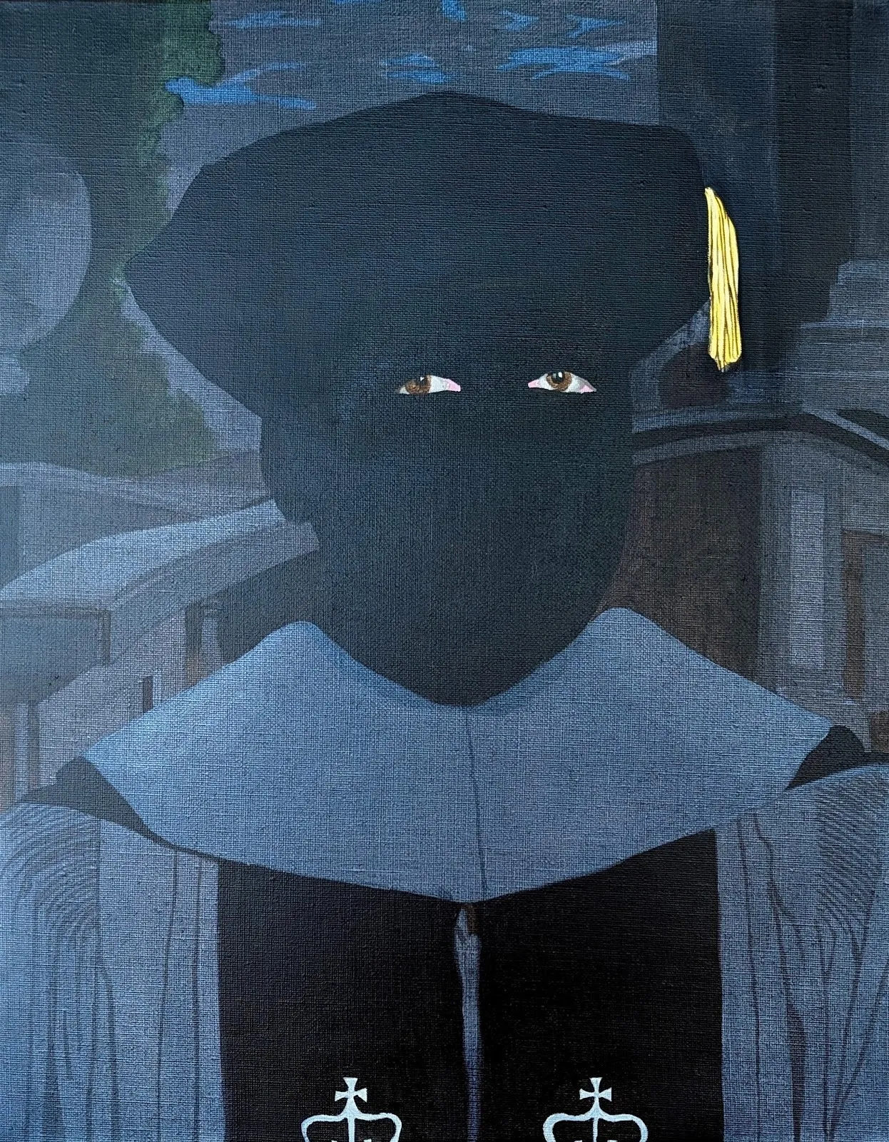 A blue and grey-toned painting features a blacked-our figure with only the eyes showing. The figure wears blue graduation robes. In the background, there is greyish-white architectural scenery.