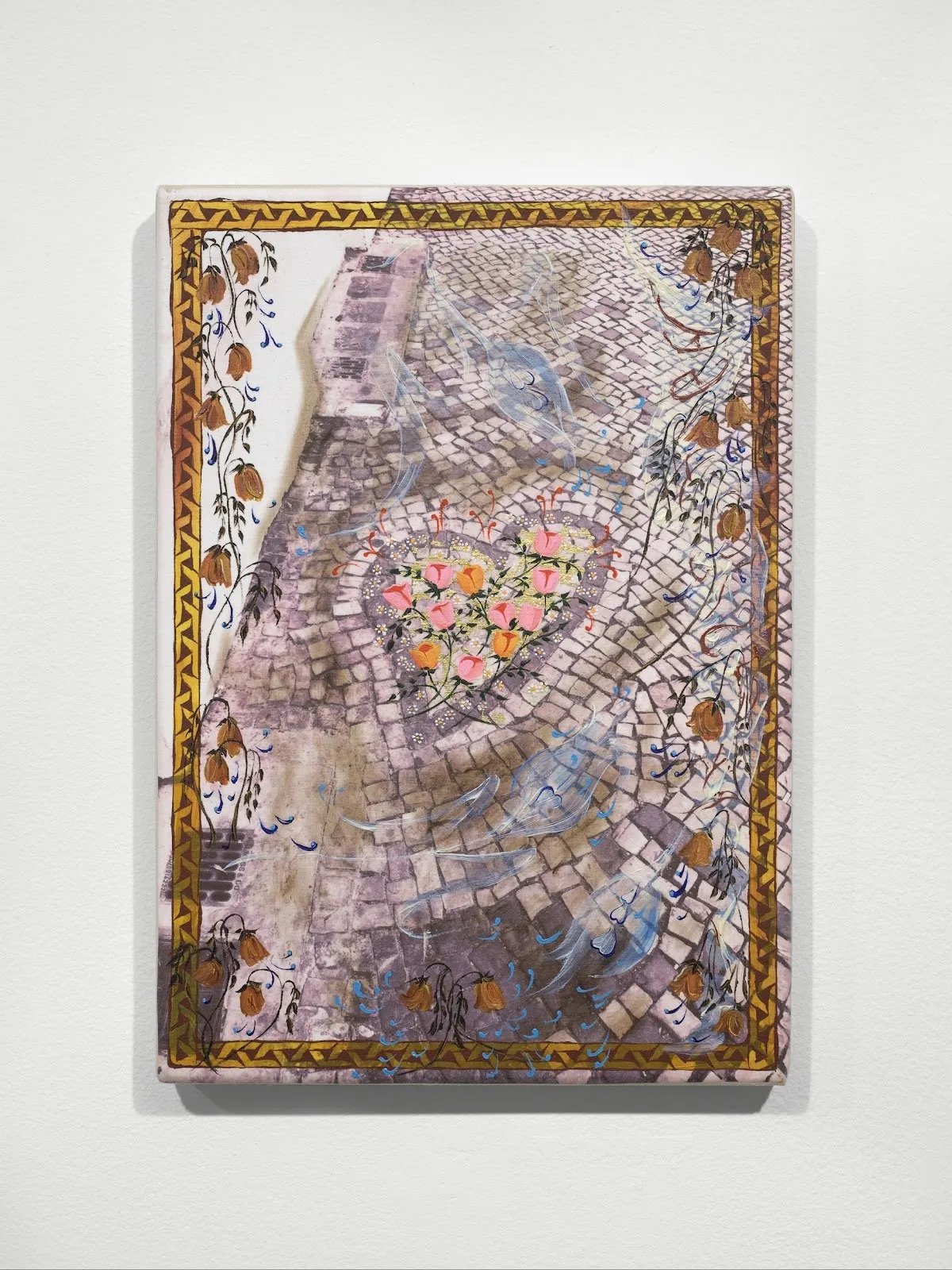 Painting of a cobblestone street from above. At the center, cobblestones surround a bed of pink, orange, and yellow flowers in a heart shape. Along the left of the street, drains are visible; blue and white paint depicts water swirling around flowers