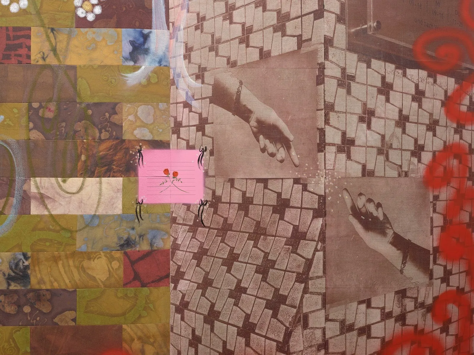 Detail of a painting. Left features a brick-like motif composed of textured rectangles in shades of brown, greed, red, and orange. The right, a tile-like surface contains two photo transfers of hands reaching toward each other with tiny flowers.