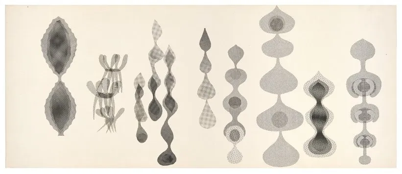 A seemingly graphite drawing features different long, bulbous forms that are vaguely organic and done in various shades of opacity.