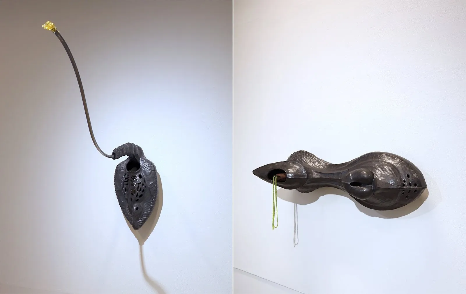 Left image shows an alien yet organic black sculpture of a leaf-like shape with a long, thin appendage extending from the top. Right image shows a smooth, wavy, peanut-like form with string hanging from an orifice. Both works are mounted to the wall.
