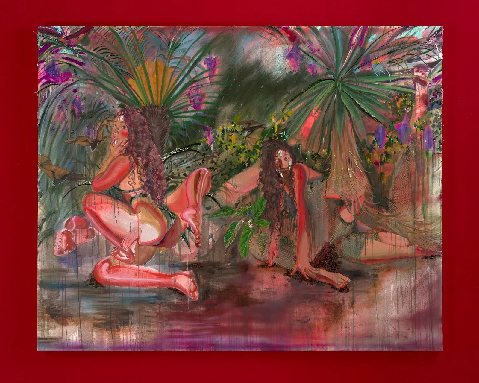 Two people, one half-kneeling, one leaning on the ground, pose, surrounded by multicolored foliage. Paint drips fall down to the bottom of the painting.