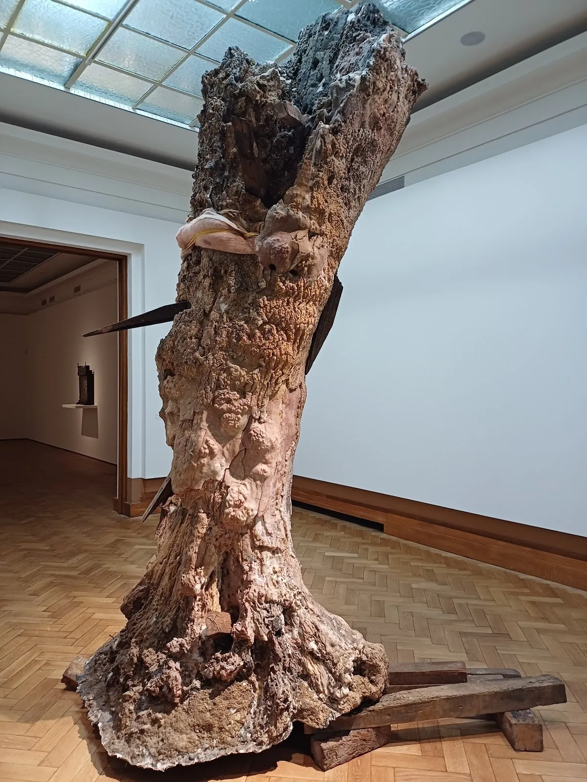A fleshy, bumpy, highly textured, tree-structure reaches the glass ceiling of a gallery room. The structure leans and curves slightly and stands on thick wooden beams.