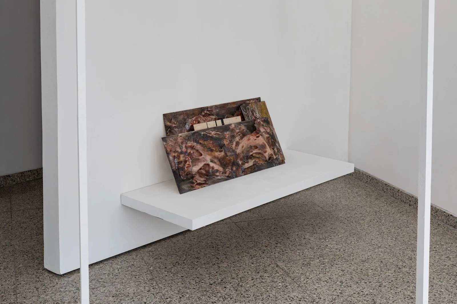 A sculptural installation featuring two rectangular resin-coated panels with organic textures, resting against a white wall on a floating white shelf in a minimalist gallery space.