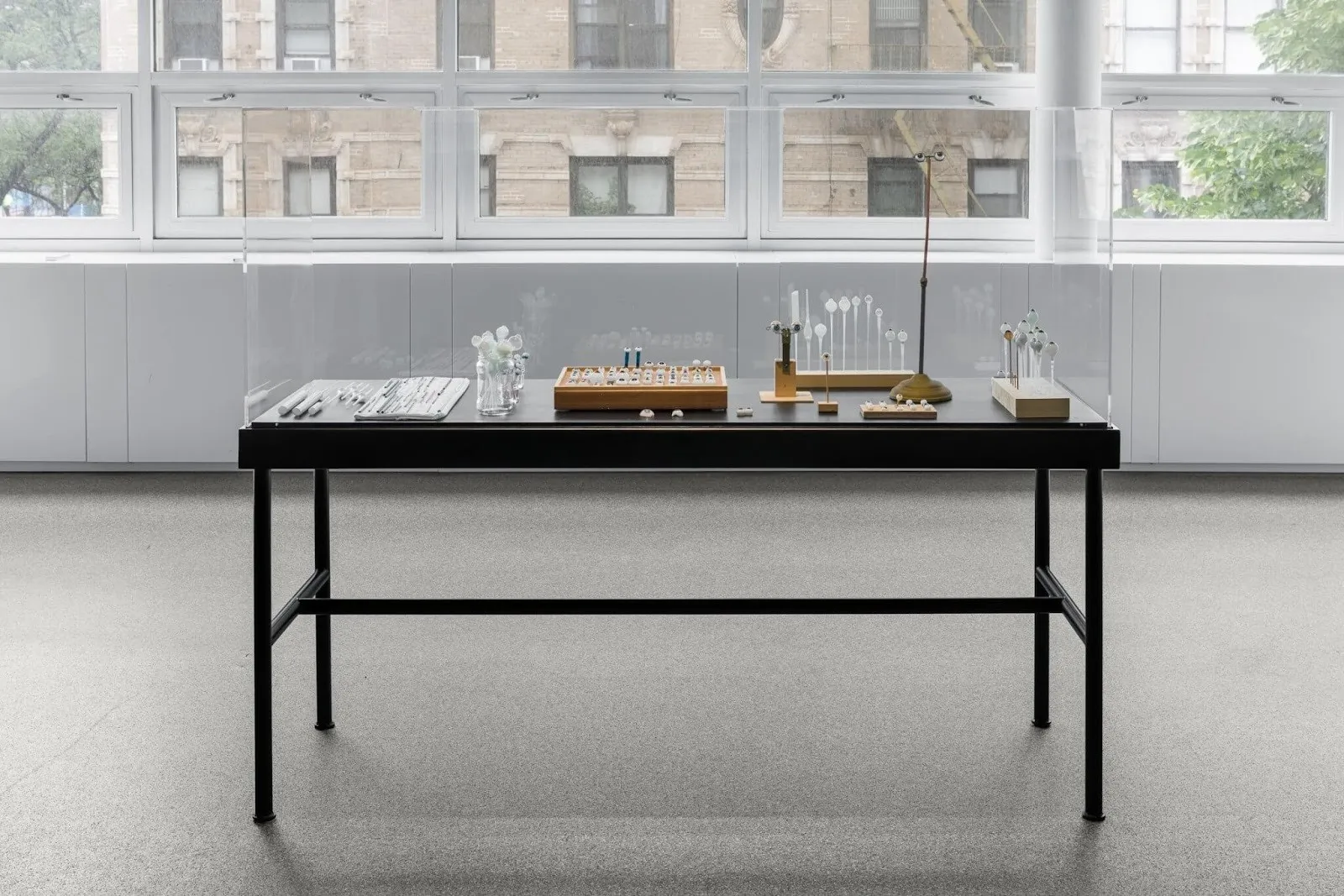 A long table supports a box vitrine. Inside the vitrine, various scientific-looking objects such as droppers, vials, and tools are arranged neatly.