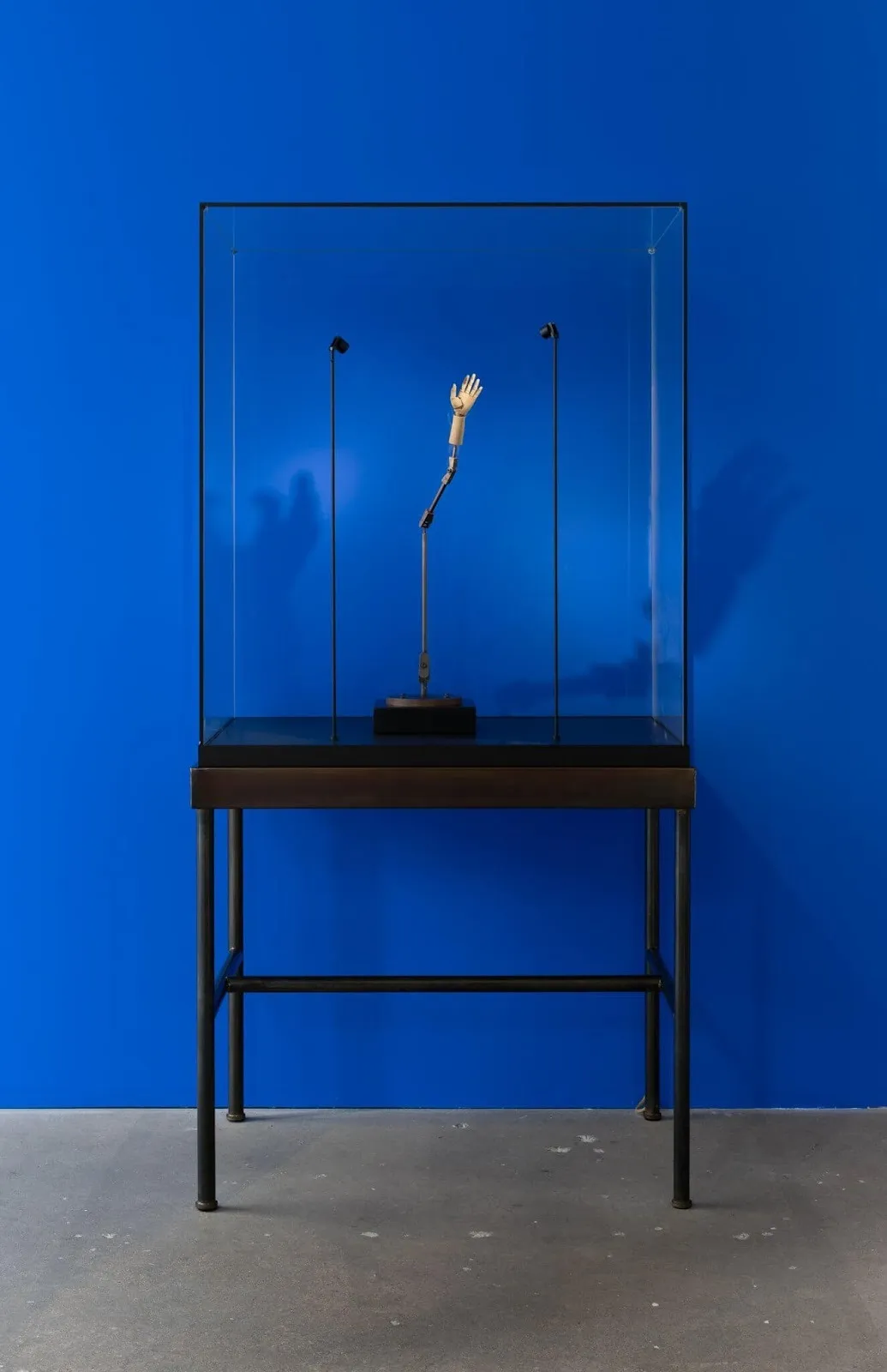 Against a blue wall, a vitrine supported on a table reveals a small mannequin hand supported by mechanical-like armature. Two thin, tall lamps spotlight the work on either side.