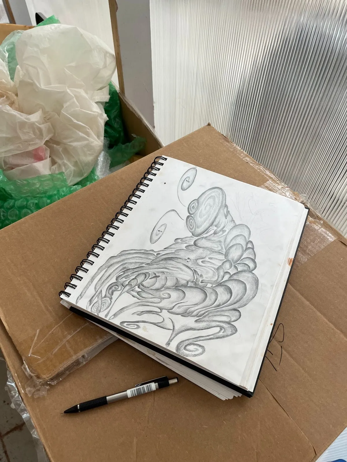 A sketchbook sitting atop a cardboard box features a shaded graphite sketch of an organic, alien shape.