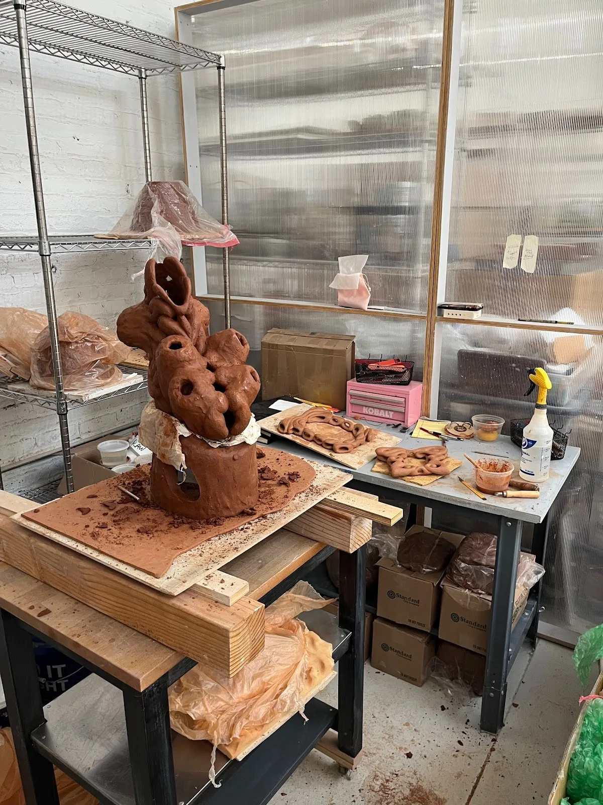 An artist's studio space is made of various tables and racks supporting clay works in progress and various claymaking tools.