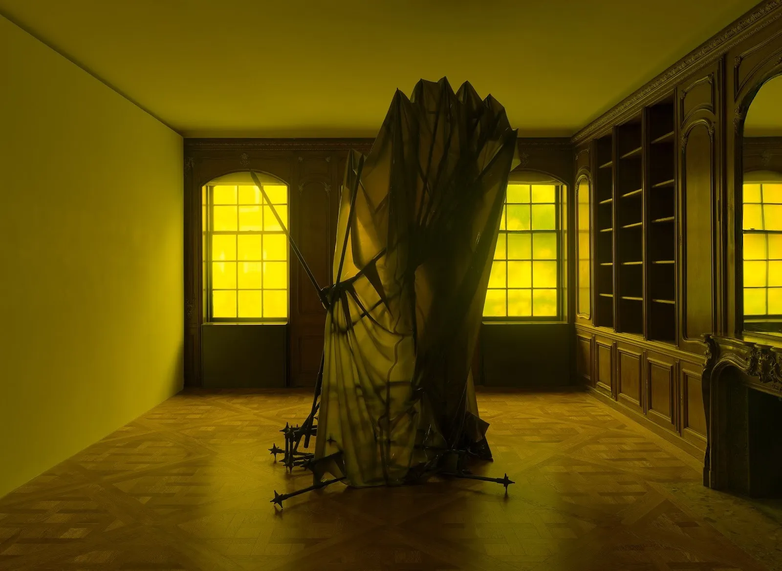 In a yellow-lit room with hardwood floors and shelves, a large, latex-covered metal structure leans, almost brushing the ceiling.