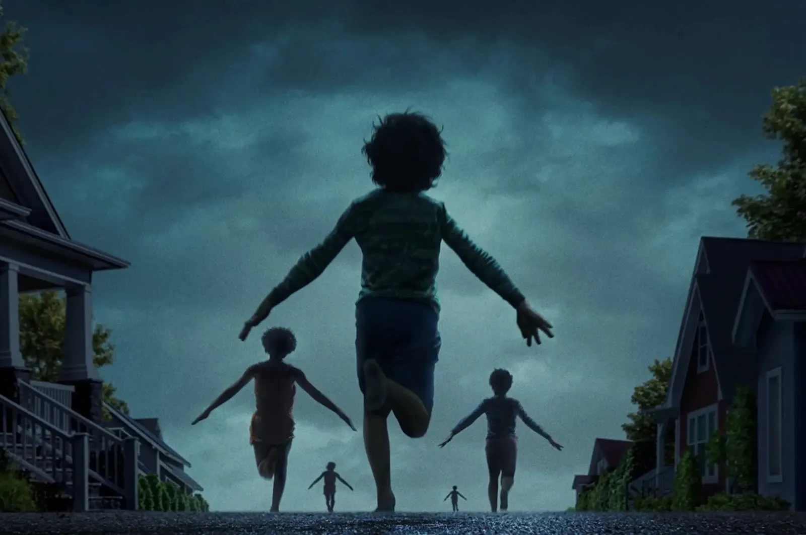 In an illustration of a suburban street lined with houses against a cloudy sky, five children run with their arms out at varying distances from the foreground.