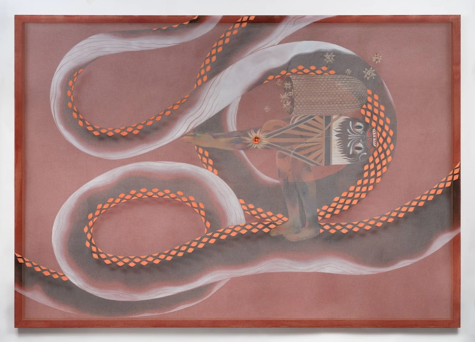 On a red framed canvas with a dusty reddish background, a snake-like figure with orange scales curls about, with a stylized, mythological figure with contorted legs and hands clapped together bites the side of the snake body.