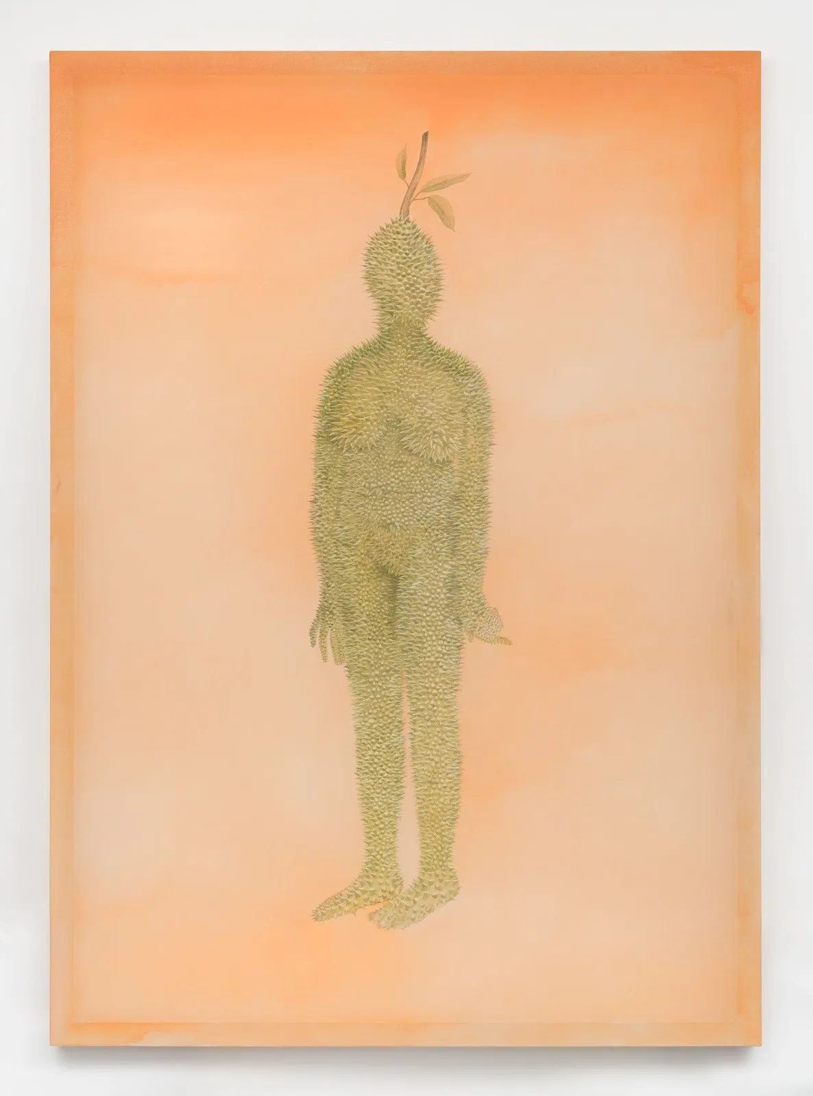 A painting with a pale orange washed background features a central figure standing. The figure is covered in the spiky green texture of a durian fruit, and the top of their head has a stem and leaf sprouting out.