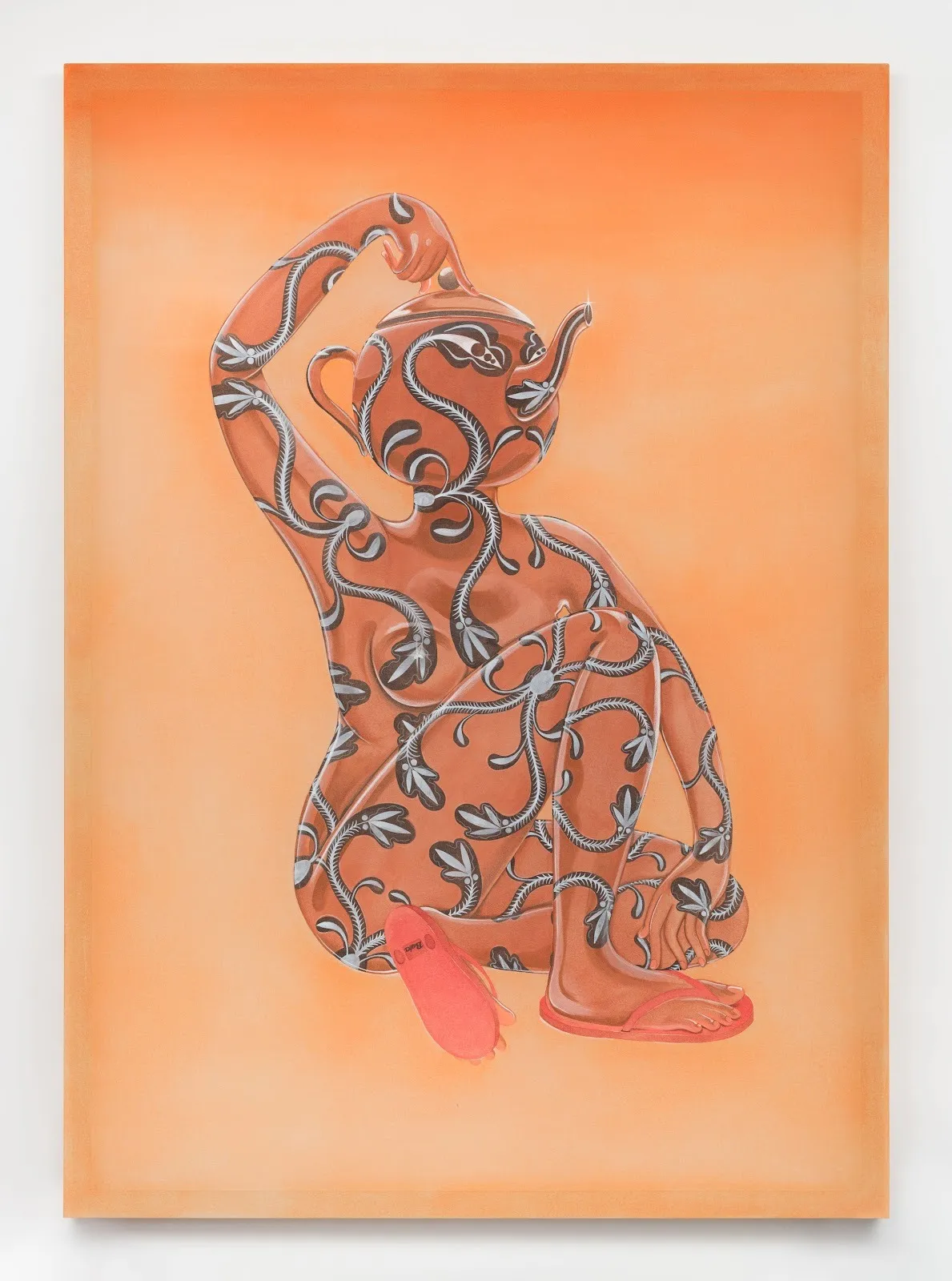 Against a painting's background wash of pale orange, a female figure sits on the ground. Their body is covered in decorative designs and their head is replaced by a teapot with similar designs. The right arm reaches up, holding the lid of the teapot.