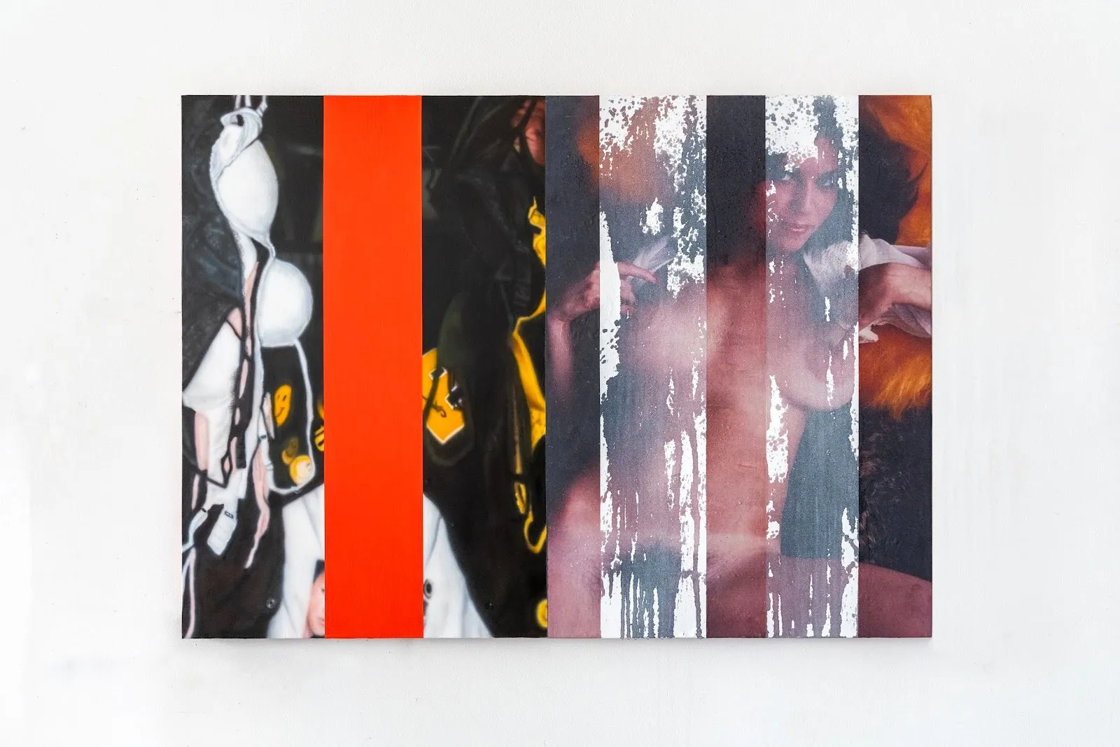 A 2-D work features strips of different media overlaid with each other. Some strips portray painted abstractions, solid colors, and what appears to be a magazine-like cutout of a nude woman.