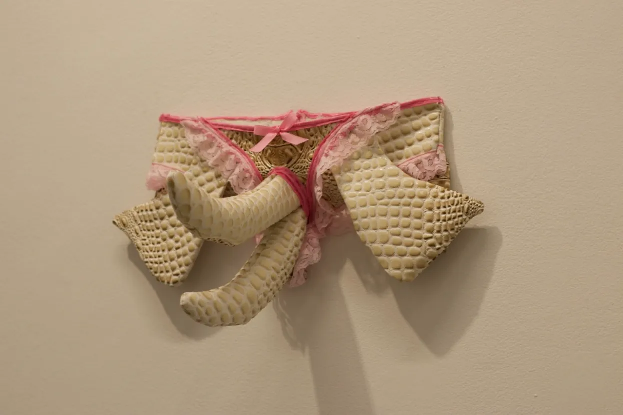 Mounted to a white wall, a sculpture made of different white and pink textured fabrics, ornamented with lace and bows, takes the shape of an underwear with two protruding phallic shapes in the center.
