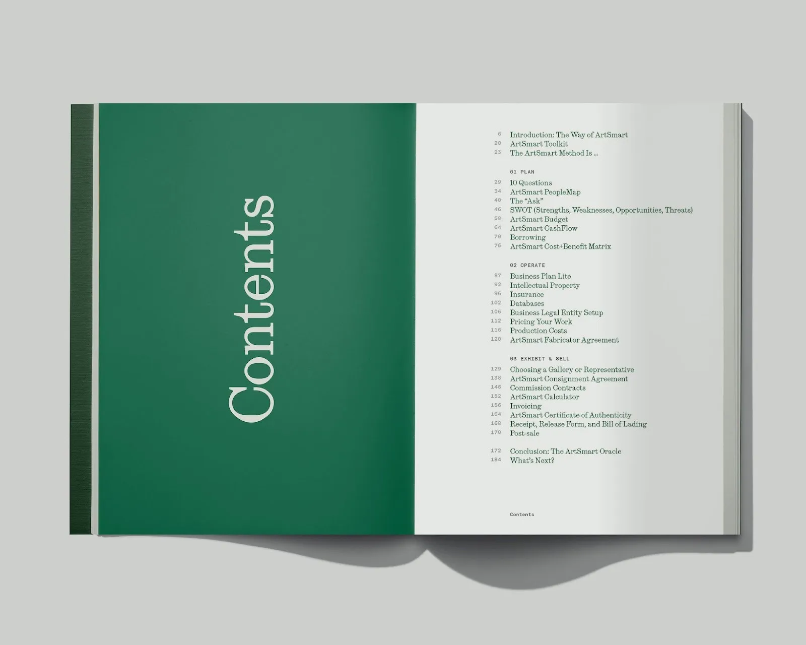 Open book spread with a green page titled “Contents” and a detailed table of contents listing sections on planning, operating, and selling art.