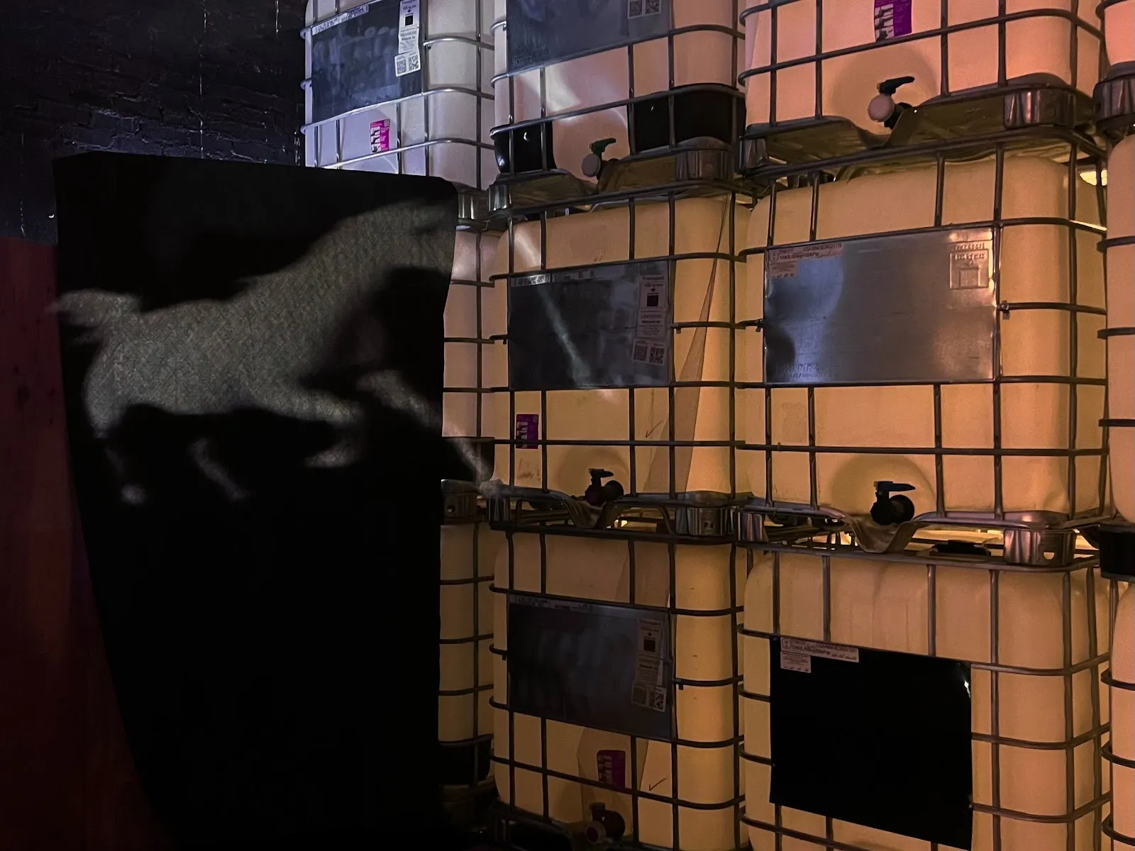 Caged water bins are illuminated in dim warm light. To the right, a black, fabric-like sheet features the projection of a blurry white horse running.