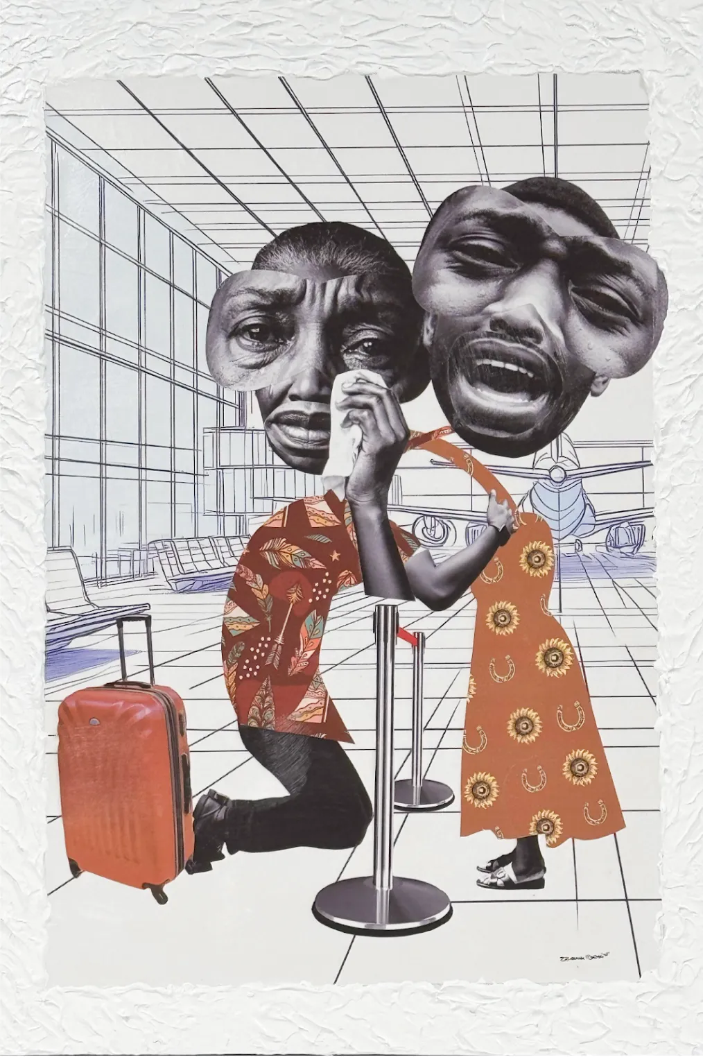 Against a sketch-like rendering of an airport, two people, made from collage cutouts, embrace each other and cry. Their clothes are made of flat textiles, while their black-and-white eyes bulge in scale to the cutout of the head, also black and white