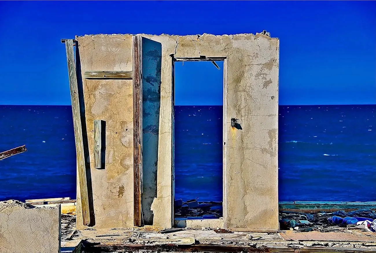 Against a deep blue sky and slightly darker ocean, the ruins of a concrete doorway and a wall stand erect among damaged structures and detritus.
