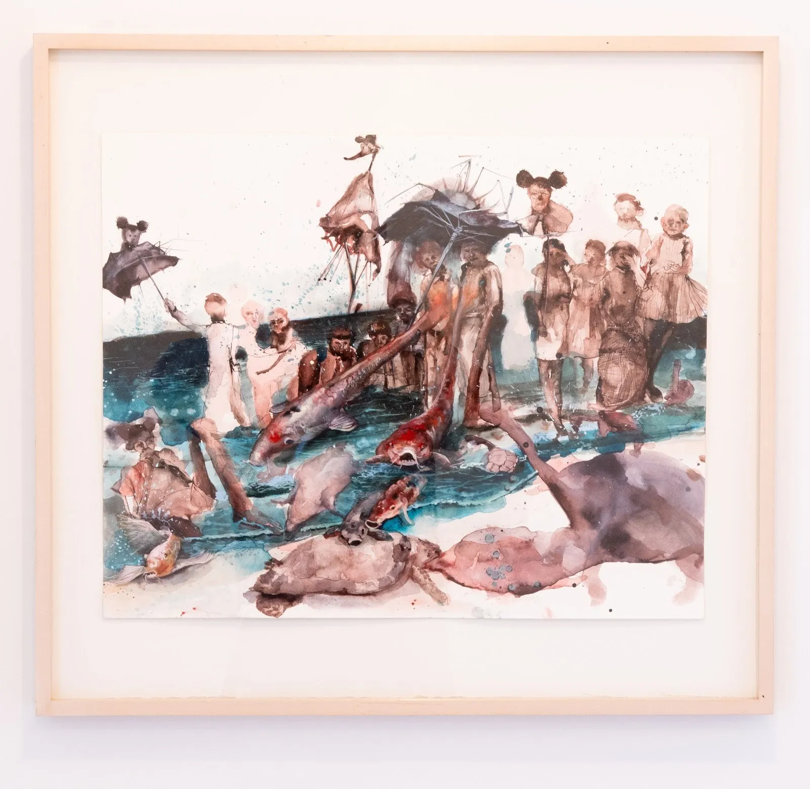 An abstracted watercolor features multiple people and animals on a beach shore and in the water. The piece is full of both intricate and blurry washes of pigment.