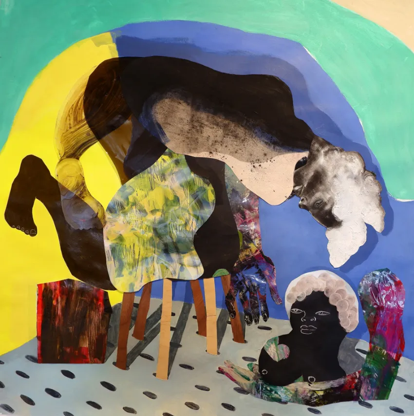 A collaged painting feature flat cutouts of abstracted bodies in a colorful room. A large figure hunches horizontally over the room and a table structure, while a bust sits on the polka-dotted floor.