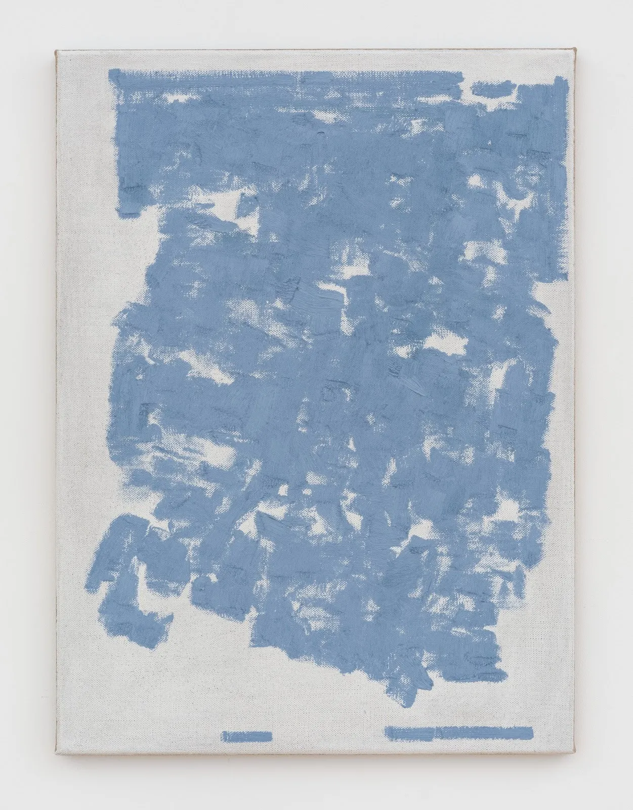 A painting features thick, short, square-like brushstrokes of light, almost periwinkle, blue, against a painted white background.