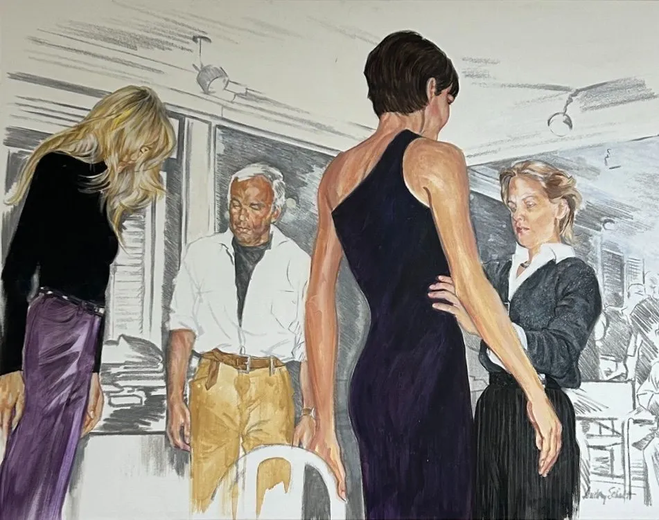 A figurative painting of a fashion fitting scene, showing designers and models in muted tones with one figure in a dark purple dress.