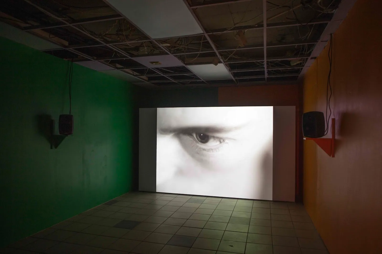A dark room with walls painted green and yellow has a large projection screen on one wall. The screen features a close-up back-and-white shot of an eye, looking left off camera.