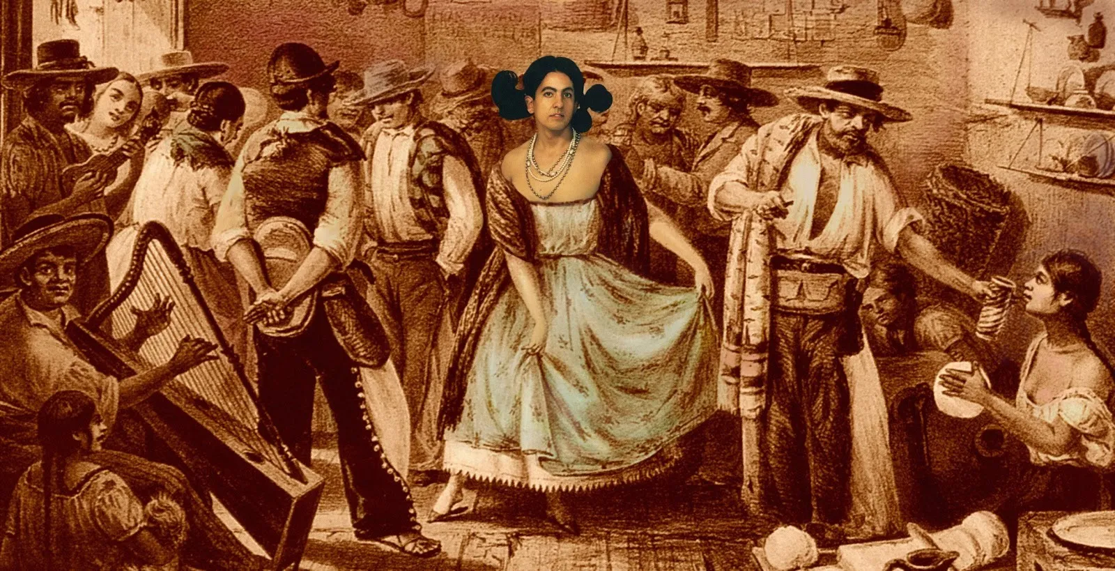 A sepia etching depicting a lively city street has been altered, featuring a central figure depicted in fuller realistic and detail. The figure holds the skirts of their pale blue dress and stares directly at the viewer.