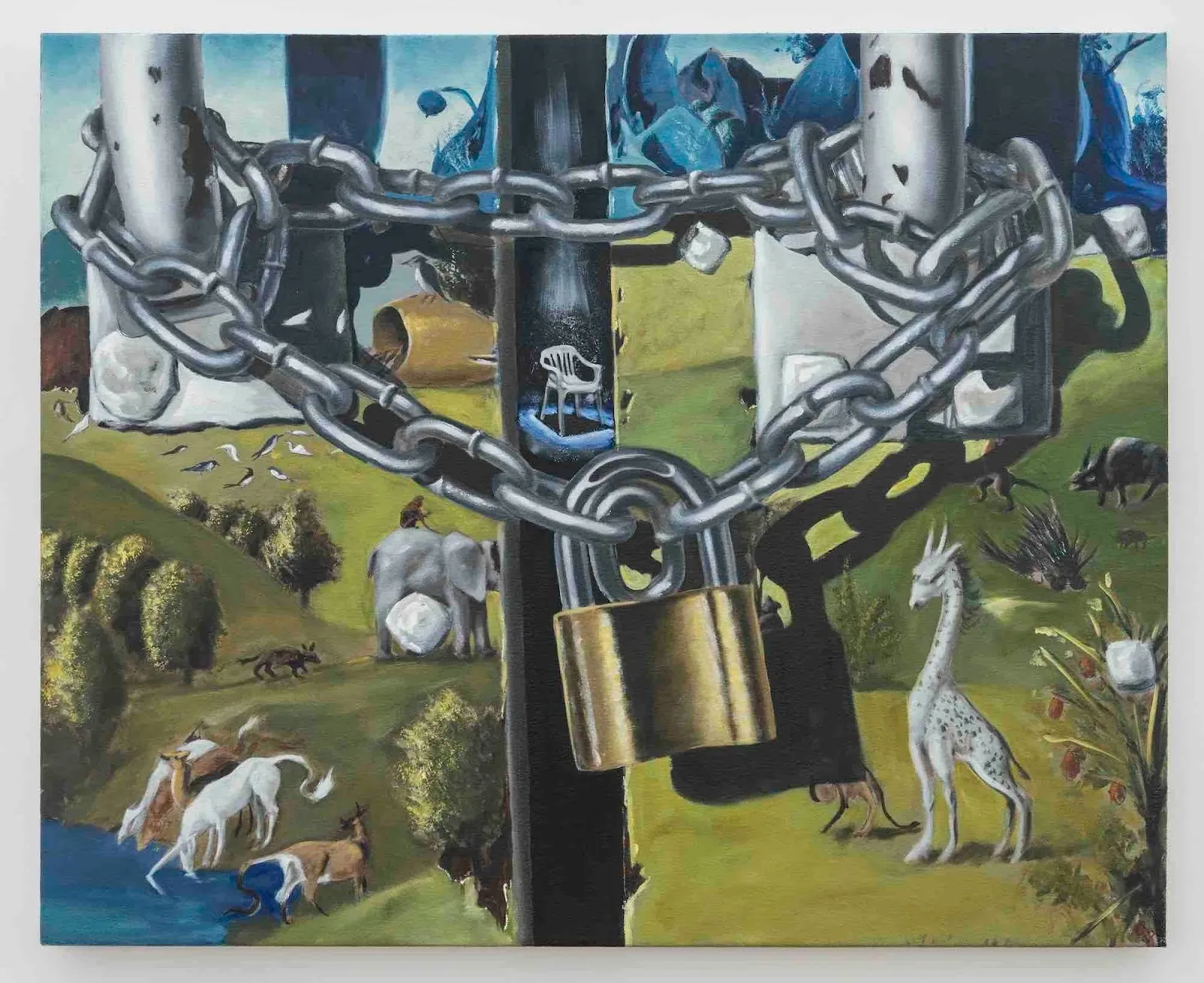 Painting of a chained and padlocked gate overlaying a pastoral scene filled with animals.