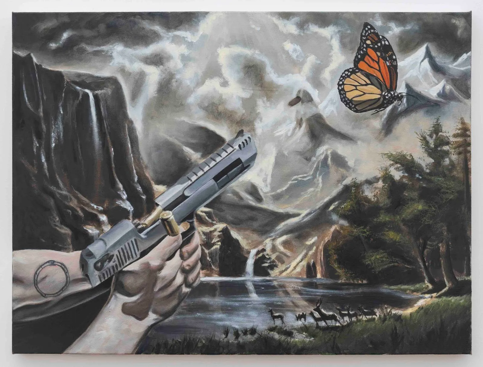 Painting of hands holding a gun pointed toward a large butterfly in a dramatic mountain landscape.