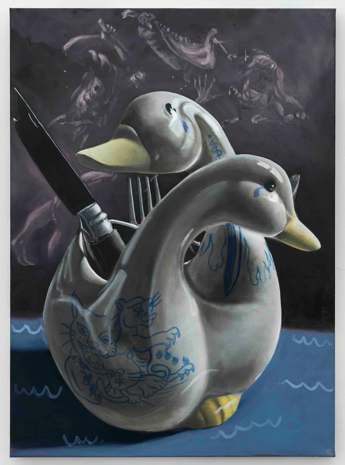 Painting of ceramic duck containers with tears painted on, holding knives and forks against a dark background.