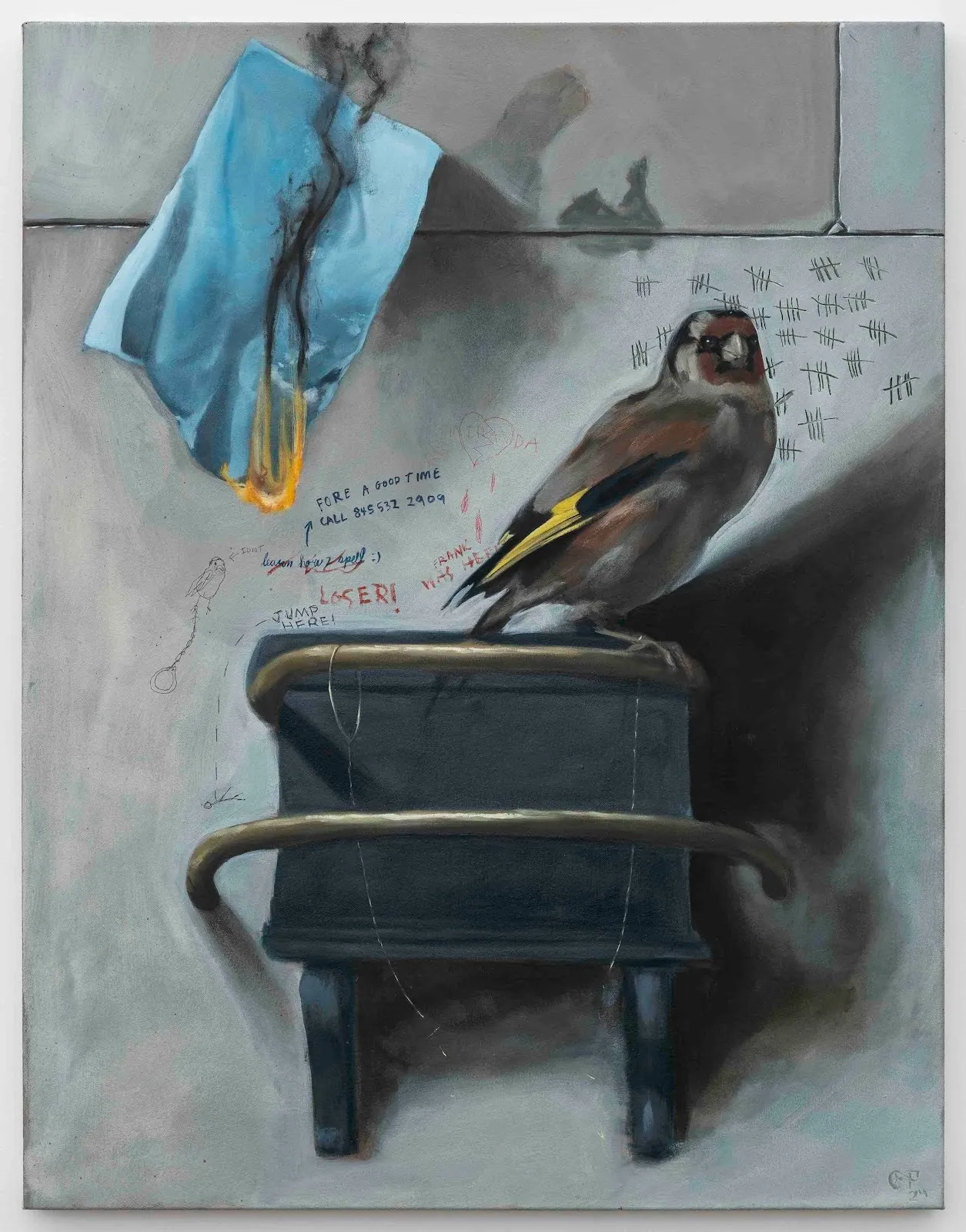 Painting of a bird perched on a metal bed frame, with graffiti and a burning blue cloth in the background.