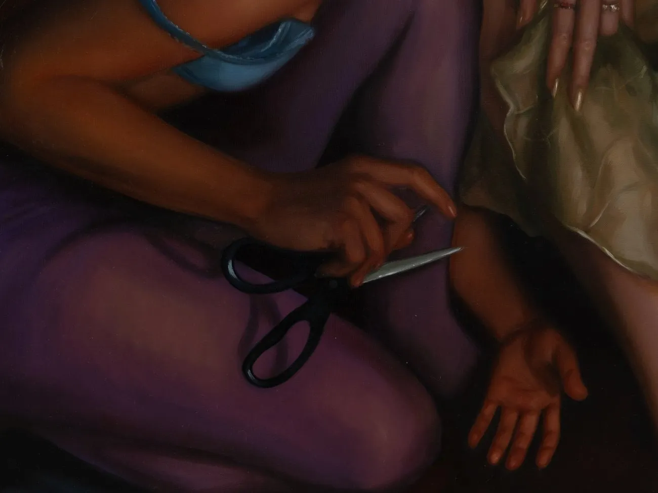 A detail shot of a painting featuring hands holding scissors by the blade. The subject seems to be crouched and lit only by dim light.