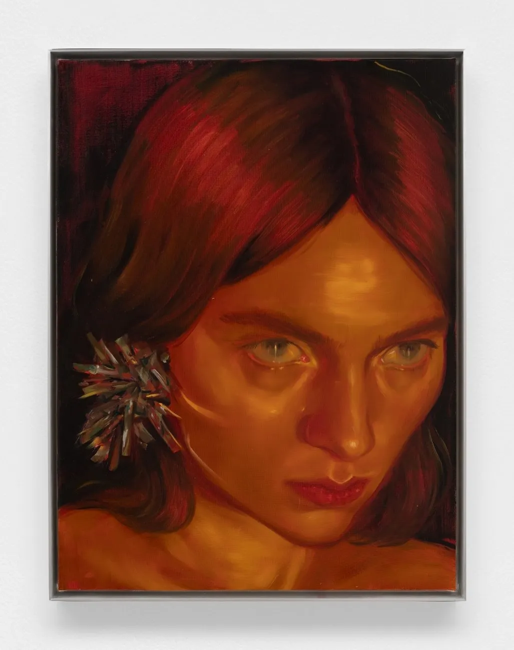 A painting of a red-haired woman with a silver, tinseled earring. The woman looks up to something off view, but angles her head slightly down. She is lit by dramatic warm lighting, the light of the earring reflecting off her cheek.